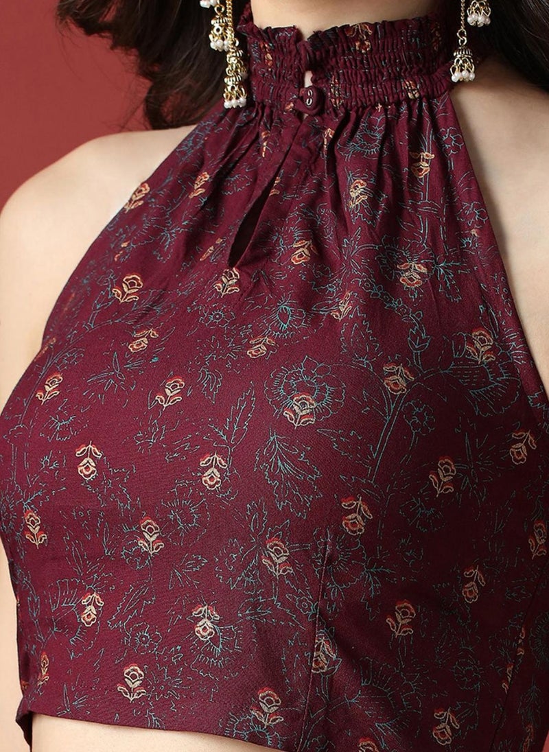 Globus Women Maroon Floral Print Smock Detail Halter Neck Crop Top With Pleated Maxi Skirt Fusion Co-Ord Set - Image 5